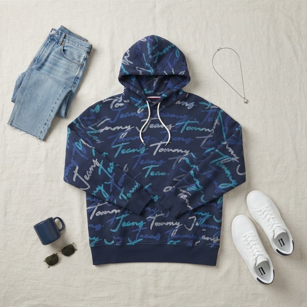 Tommy Jeans Hoodie Mens Large Blue All Over Print Script Logo Streetwear 78F2344